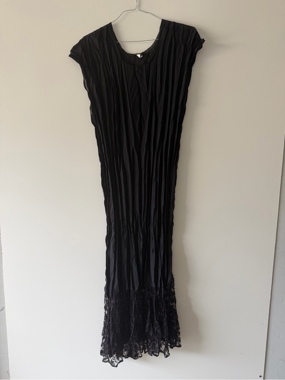 Vintage Sandi Kent Atlantis Black Pleated Maxi Dress with Lace Hem